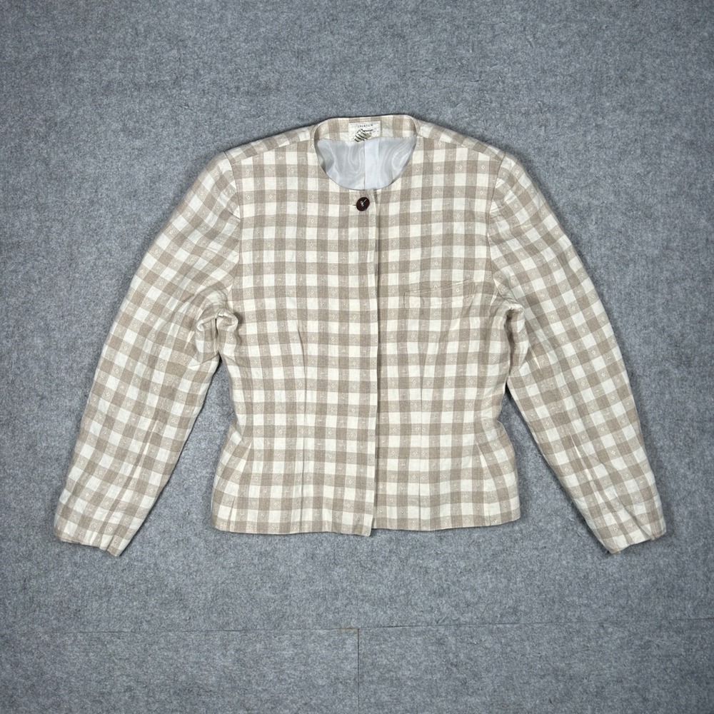 Creation Marion Paris Blazer Womens Tan Beige Gingham Plaid 100% Linen Vintage